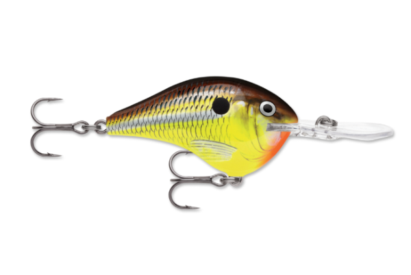 Mustard yellow and brown crankbait with scale pattern, two hooks, and clear diving lip.