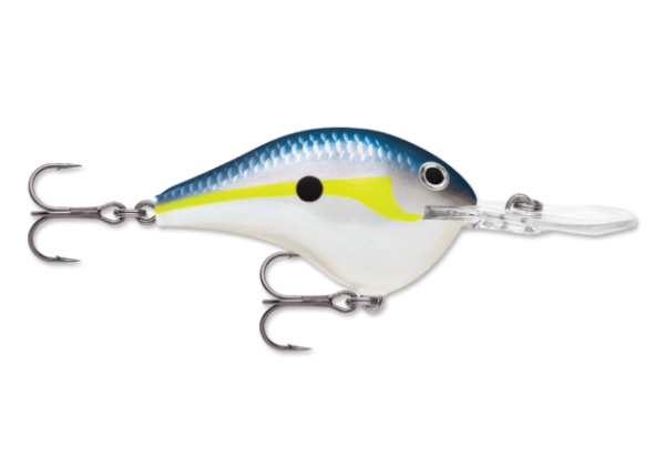 Blue, silver, and yellow fishing crankbait with two treble hooks and a clear lip.