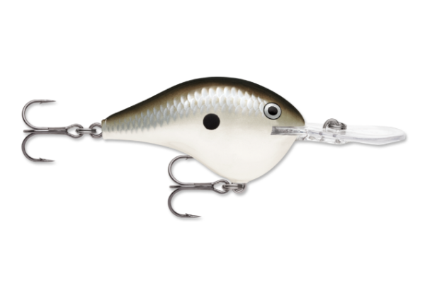 Angled pearl grey shiner fishing lure with scale texture and clear diving lip.
