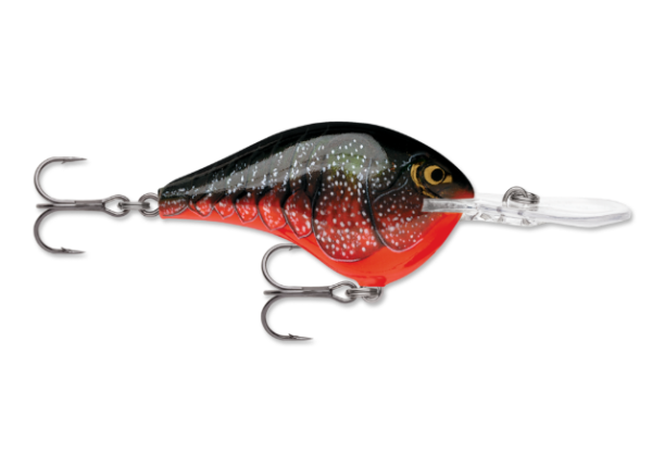 Black and red speckled fishing lure with clear lip and treble hooks.