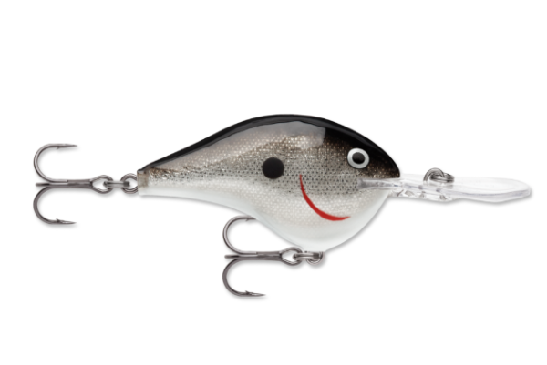 Silver and black fishing lure with a clear lip, treble hooks, and red smile.