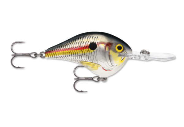 Silver and grey shad fishing lure with yellow eyes, red stripe, and two hooks.