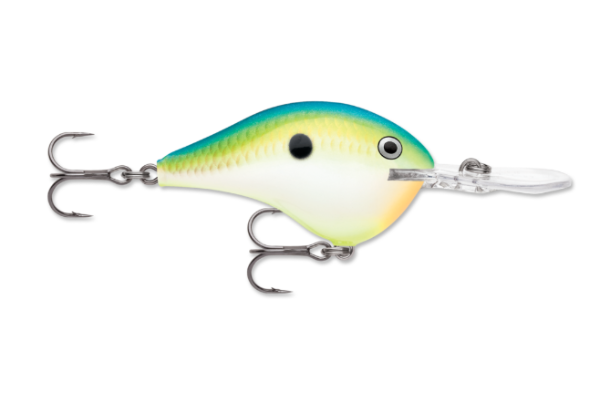 A blue-green and yellow-green fishing crankbait with a clear diving lip.