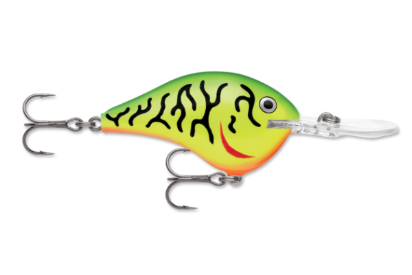 Green, yellow, and orange fire tiger fishing lure with black stripes and treble hooks.