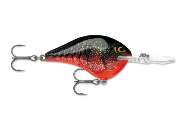 Black and red speckled fishing lure with a clear diving lip and two hooks.