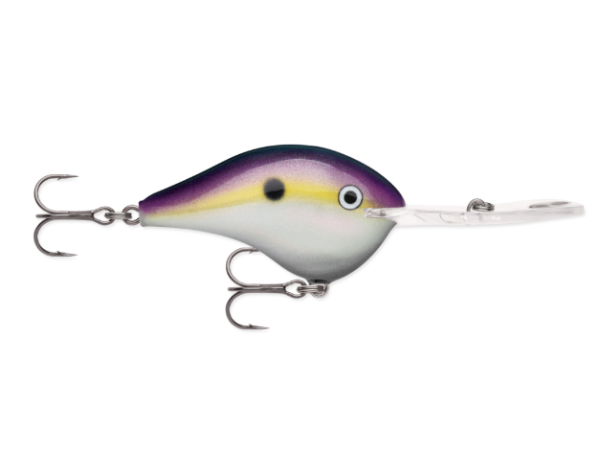 Purple, yellow, and white fishing crankbait with two treble hooks and a clear lip.