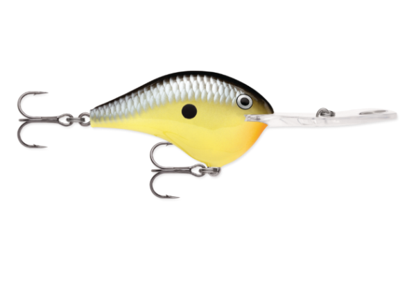 Yellow and black fishing lure with silver scales, orange chin, and two treble hooks.