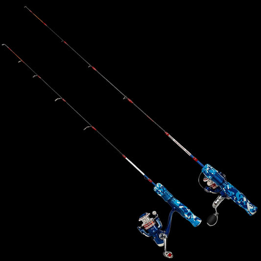 Fishing rod and reel combo with blue and white design on a white background