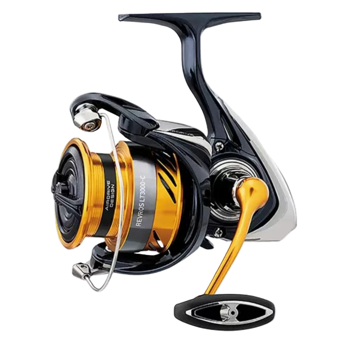 Fishing reel with black and gold design on a white background