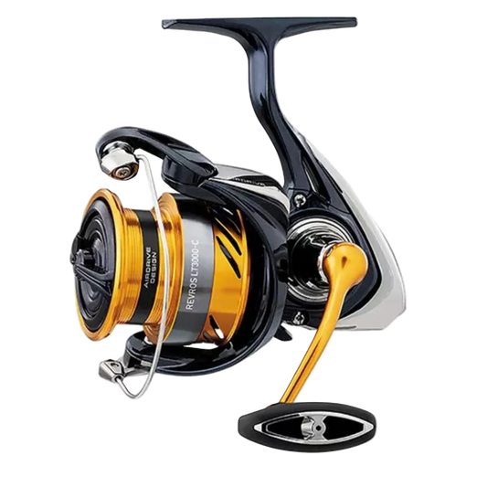 Fishing reel with black and gold design on a white background