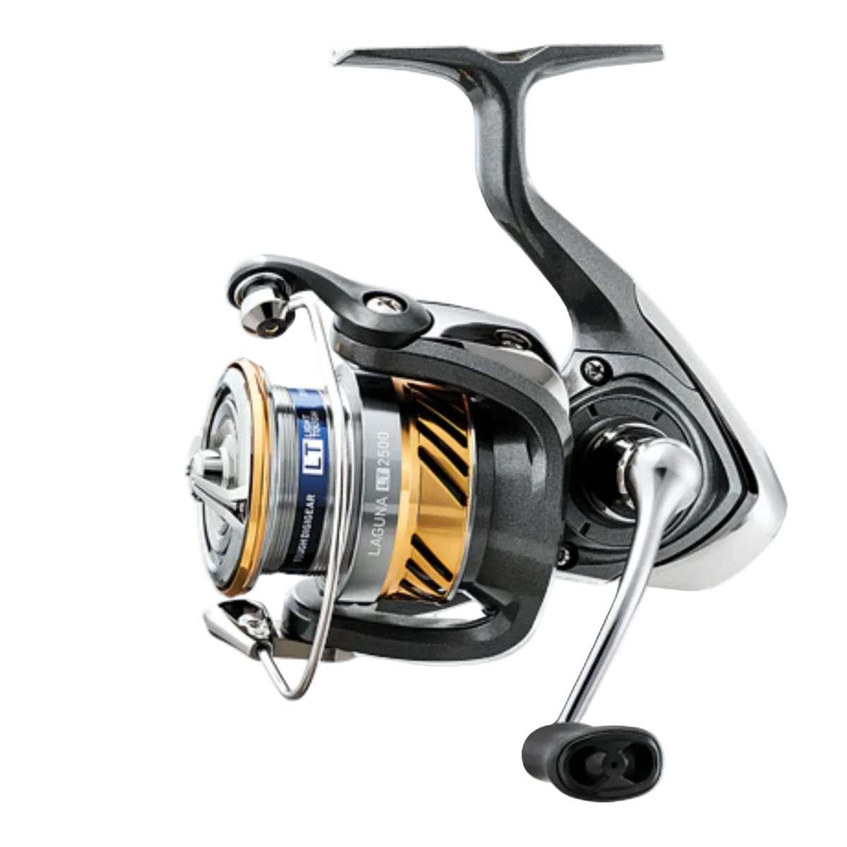 Fishing reel with metallic finish on a white background
