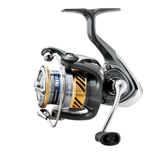 Fishing reel with metallic finish on a white background