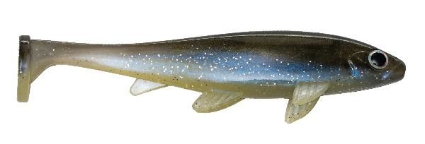 A soft plastic fishing lure shaped like a small fish, shown in profile against a plain white background. The lure has a translucent olive-brown body with fine white glitter, a blue iridescent flash along the side, and a black-and-white eye.