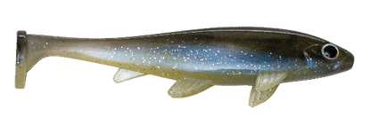 A soft plastic fishing lure shaped like a small fish, shown in profile against a plain white background. The lure has a translucent olive-brown body with fine white glitter, a blue iridescent flash along the side, and a black-and-white eye.