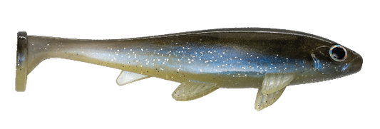 A soft plastic fishing lure shaped like a small fish, shown in profile against a plain white background. The lure has a translucent olive-brown body with fine white glitter, a blue iridescent flash along the side, and a black-and-white eye.