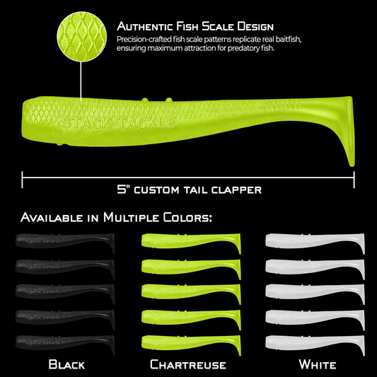 Stack Tackle 5" Tail Clapper | Paddle Tail Swimbait | 5 Per Pack | 5/0 Screwy Head Compatible | Striped Bass, Flounder, Snook | 6 Colors