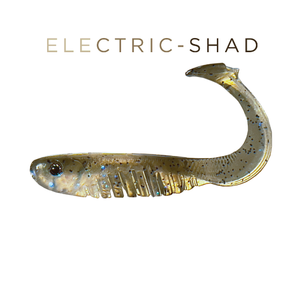 Fishing lure shaped like an electric shad on a white background
