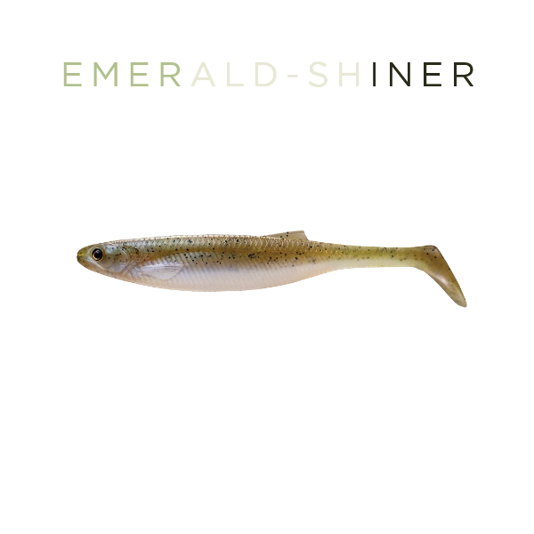 Artificial emerald shiner fish on a white background with 'Emerald Shiner' text.