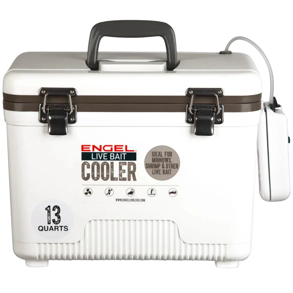 White Engel Live Bait Cooler with black handle and lock on a white background