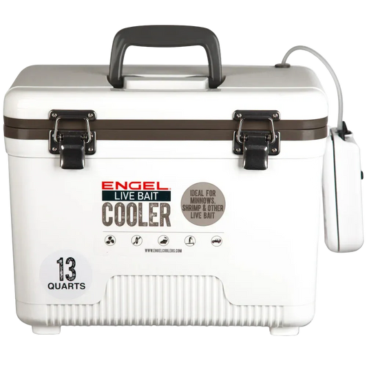 White Engel Live Bait Cooler with black handle and lock on a white background