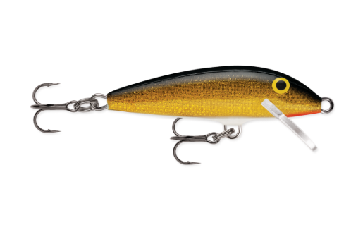 Textured gold and black fishing lure with white belly, hooks, and clear lip.