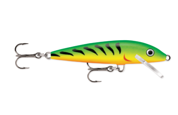Green and yellow fishing lure with black stripes, red gills, and two treble hooks.