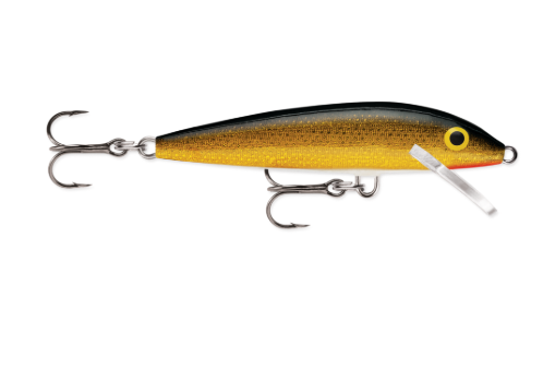 Gold and black fishing lure with two treble hooks and a clear lip.