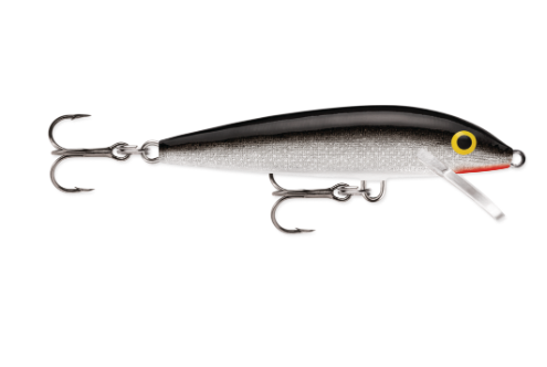 Silver and black Rapala fishing lure with textured scales, yellow eyes, and two treble hooks.
