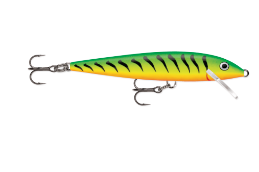 A green, yellow, and orange fishing lure with black stripes and two treble hooks.