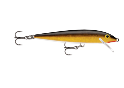 Gold and black fishing lure with a white belly, clear lip, and treble hooks.