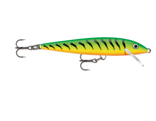 A green and yellow fishing lure with black stripes and two treble hooks.