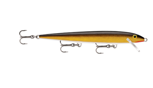 Gold and black fishing lure with a red head accent and three treble hooks.
