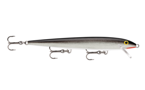 Silver fishing lure with dark grey back and three treble hooks.
