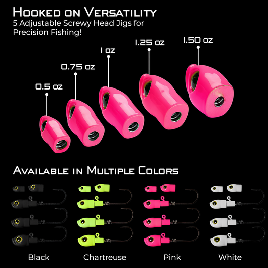 Stack Tackle Replacement Heads | 5/0 Screwy Head Jigs | 2 Per Pack | 0.5–1.5 oz | Chartreuse, Black, White, Pink