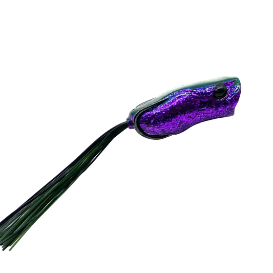 Fishing lure with purple and green colors on a white background