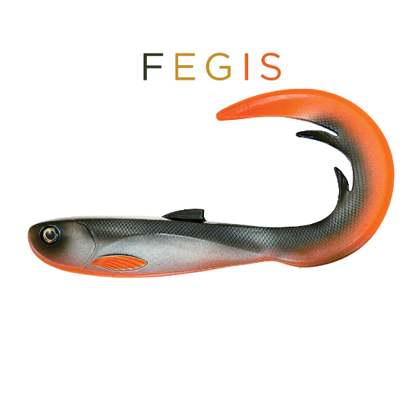 Fishing lure with orange and black design on a white background, featuring the brand 'FEGIS'.