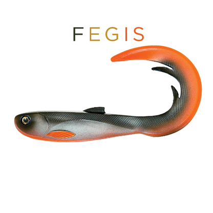 Fishing lure with orange and black design on a white background, featuring the brand 'FEGIS'.