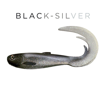 Black and silver fishing lure on a white background with 'BLACK-SILVER' text.
