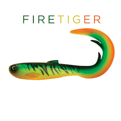 Fishing lure with green and orange tiger stripe pattern on a white background, featuring the brand 'FireTiger'.