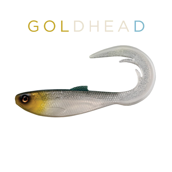 Fishing lure with 'Goldhead' text on a white background