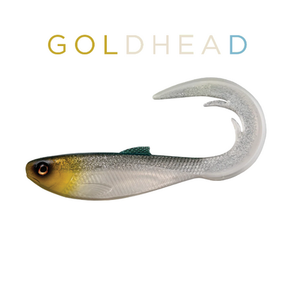 Fishing lure with 'Goldhead' text on a white background
