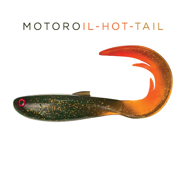 Fishing lure with orange and green colors on a white background, labeled 'Motoroil Hot Tail'.