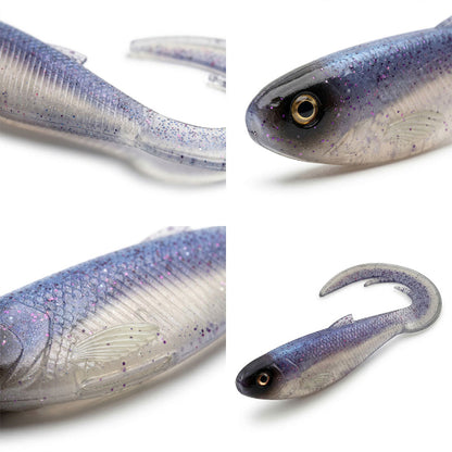Close-up of a blue and white fish-shaped lure on a white background