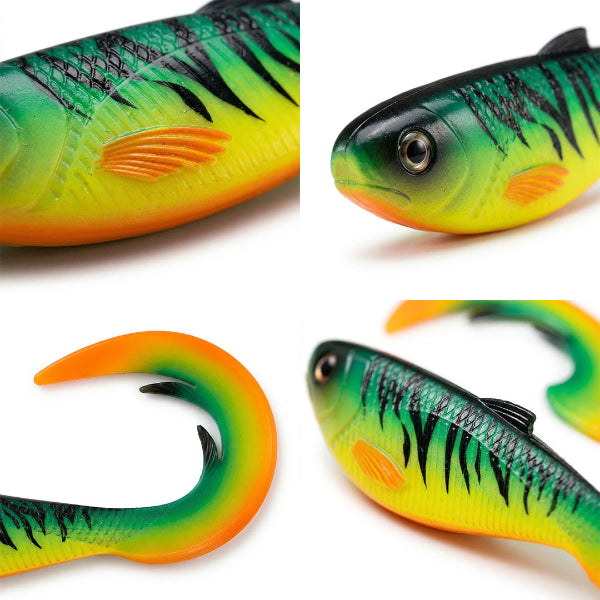 Colorful fishing lure with green, yellow, and black patterns on a white background