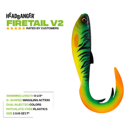 Headbanger Firetail V2 fishing lure with green and orange colors on a white background