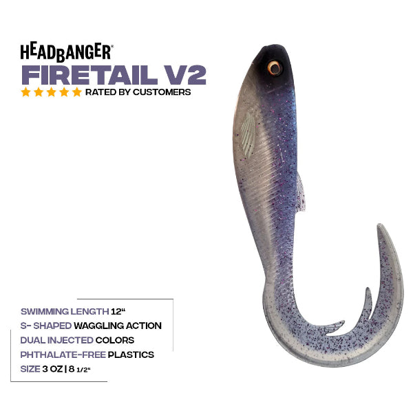 Fishing lure with 'Headbanger Firetail V2' branding on a white background