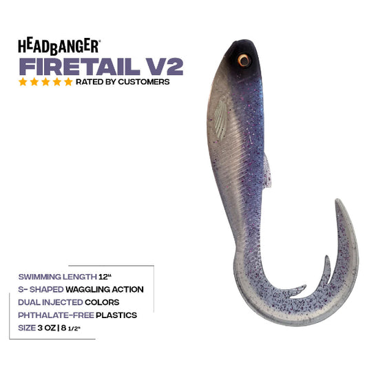 Fishing lure with 'Headbanger Firetail V2' branding on a white background