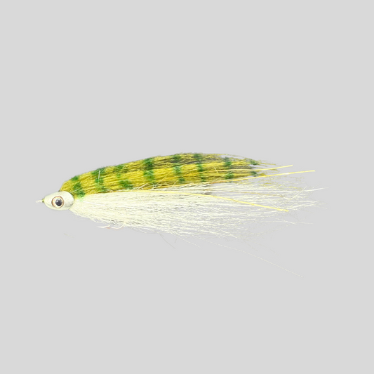 Flymen Crafty Deceiver | Deceiver-Style Baitfish Streamer | Fish-Skull Bandito Head | Living Eyes | #2 Stainless | White/Gray, Olive, Chartreuse & Tan | Freshwater & Saltwater | Flymen