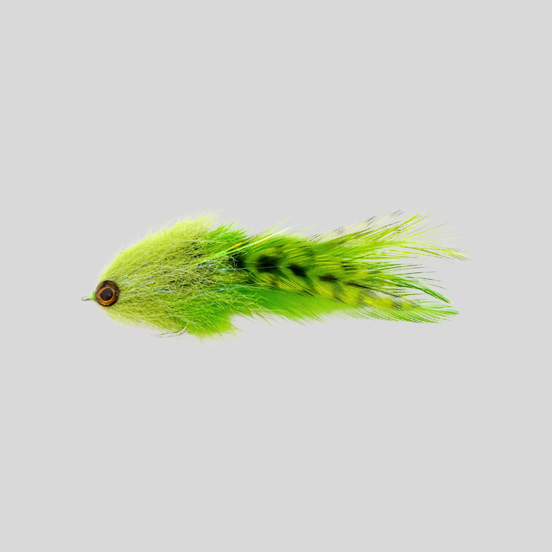 Fish-Skull Mini Brush Fly | 3.5" | #2 Hook | Living Eyes | Water-Pushing Rounded Head | Saddle Hackle | Red & Black, Tan & Chartreuse | Flymen Fishing Company