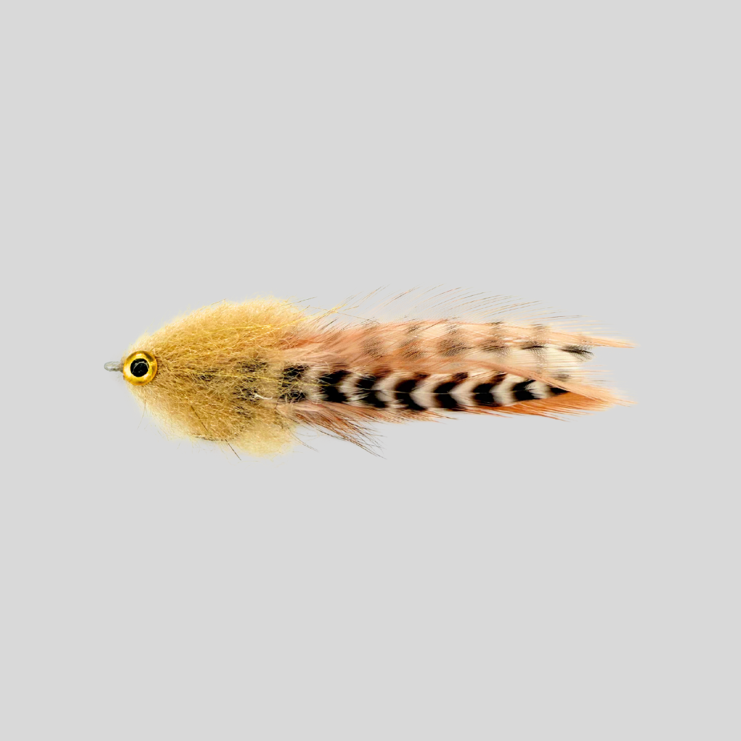 Fish-Skull Mini Brush Fly | 3.5" | #2 Hook | Living Eyes | Water-Pushing Rounded Head | Saddle Hackle | Red & Black, Tan & Chartreuse | Flymen Fishing Company